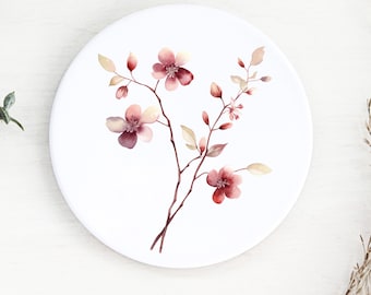 Red Floral Branch Ceramic Coasters: Drinks Coaster, Table Decor, Floral Tea/Coffee Coaster, Floral Gift, Botanical Branch Coasters.