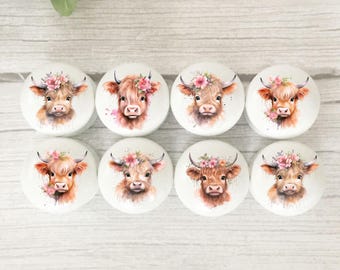 Floral Highland Cow Drawer Knobs: Beech Wood Furniture Knobs