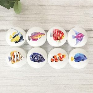 Tropical Fish Knobs: Colorful Beech Wood Cabinet Hardware. Bathroom Handles.