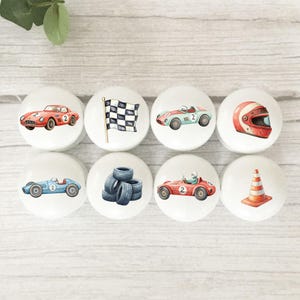 Painted Beech Race Car Themed Furniture Knobs, 3.5cm, 4cm, 4.6cm Diameter Available. Choice of Screw Sizes For Easy Fitting.