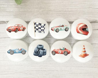 Painted Beech Race Car Themed Furniture Knobs, 3.5cm, 4cm, 4.6cm Diameter Available. Choice of Screw Sizes For Easy Fitting.