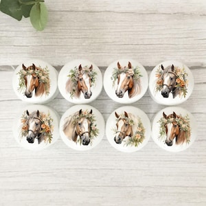 Floral Horse Drawer Knob: Painted Beech Wood, Colourful Print