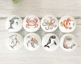 Solid beech Sea Creature Furniture Knobs:  Wooden Ocean Themed Handles, Sea Themed Room Decor, Children's Room Decor.