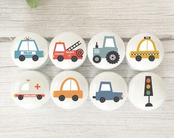 Car Knobs, Vehicle Themed Furniture Handles for Kid's Room, Boy's Solid Beech Door Knobs.