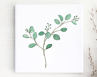 Green Leaves Ceramic Coasters: Drinks Coaster, Table Decor, Foliage Tea/Coffee Coaster, Eucalyptus Gift, botanical leaf coasters.