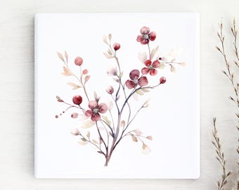 Red Floral Branch Ceramic Coasters: Drinks Coaster, Table Decor, Floral Tea/Coffee Coaster, Floral Gift, Botanical Branch Coasters.