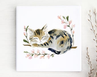 Set of 4 Cat Ceramic Coasters: Drinks Coaster, Cat Table Decor