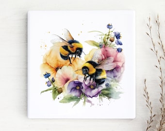 Bee Floral Ceramic Coaster: Drinks Coaster, Table Decor, Bee Tea/Coffee Coaster, Floral Gift.