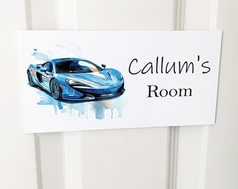 Personalised Blue Sports Car Room Plaque: Kid's Car Door Sign
