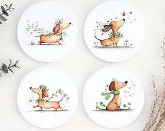 Set of 4 Dachshund Floral Ceramic Coaster: Drinks Coaster, Dachshund Table Decor