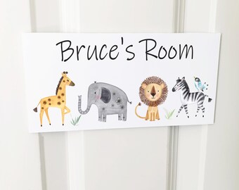 Personalised Safari Animal Door Sign, Jungle Animal Nursery Plaque, Kid's Room Decor