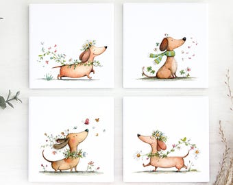 Set of 4 Dachshund Floral Ceramic Coaster: Drinks Coaster, Dachshund Table Decor