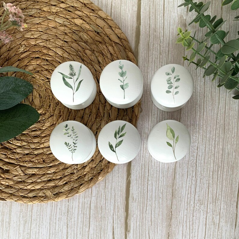 Six white solid beech furniture knobs each with a different leaf design on the front in different shades of green.  The knobs are shown on a pale wood background with a wicker mat and foliage for decoration. The cabinet handles have a glossy finish.