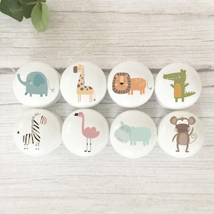 Solid Beech Safari Animal Drawer Knobs: Handles for Nursery, Kid's Room, Playroom.