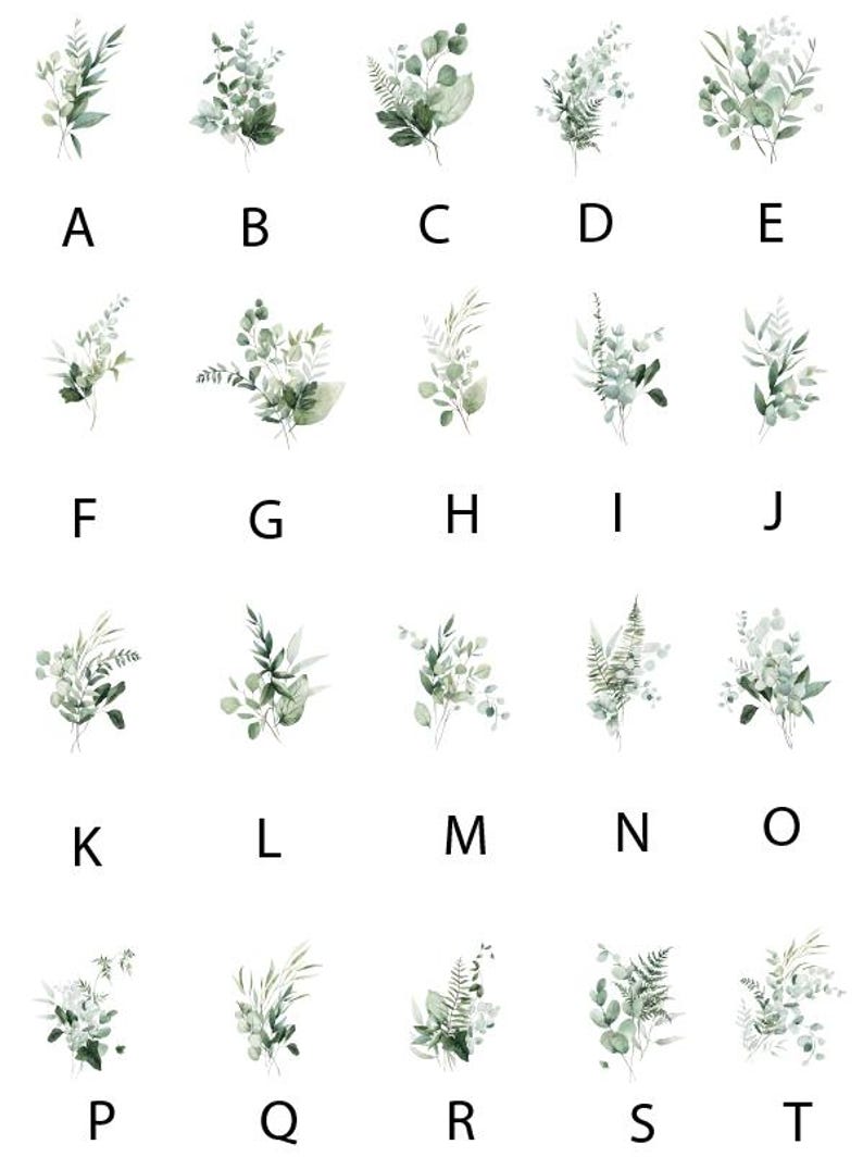 K&ouml;nnte beinhalten: Aquarellillustrationen verschiedener gr&uuml;ner botanischer Arrangements, jeweils mit einem Buchstaben von A bis T gekennzeichnet. Die Bilder zeigen verschiedene Blatt- und Pflanzenkompositionen, ideal f&uuml;r dekorative oder Designzwecke.