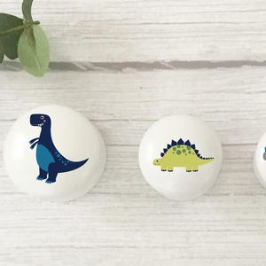 May include: Three white, round decorative knobs with dinosaur illustrations. The dinosaurs are in shades of blue, green, and gray. The knobs are arranged on a light wood surface with a sprig of green leaves.