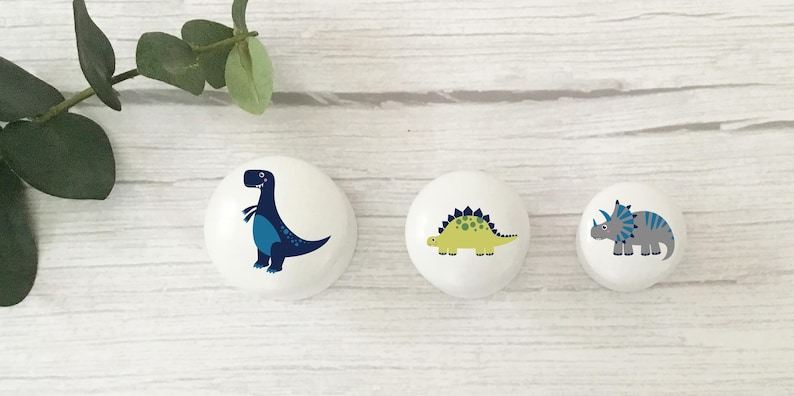 May include: Three white, round decorative knobs with dinosaur illustrations. The dinosaurs are in shades of blue, green, and gray. The knobs are arranged on a light wood surface with a sprig of green leaves.