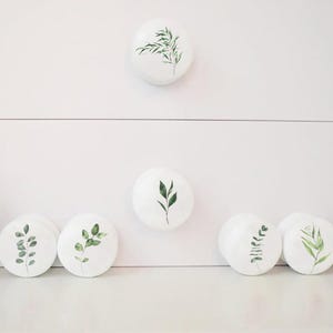 Seven white solid beech furniture knobs each with a different leaf design in different shades of green.  The knobs are shown on a chest of drawers with a succulent plant in the background for decoration. The cabinet handles have a glossy finish.