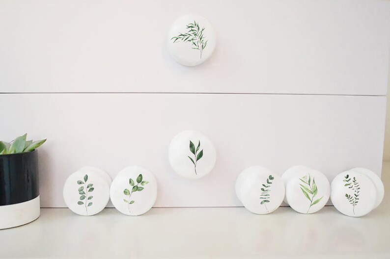 Seven white solid beech furniture knobs each with a different leaf design in different shades of green.  The knobs are shown on a chest of drawers with a succulent plant in the background for decoration. The cabinet handles have a glossy finish.