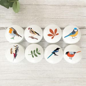 May include: Eight white ceramic cabinet knobs with bird illustrations. The birds include a robin, goldfinch, blue tit, woodpecker, and magpie. The knobs also feature leaf and autumnal designs.