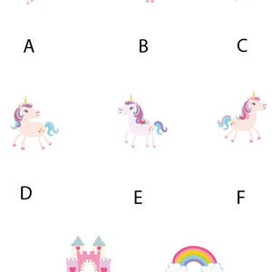 May include: A selection of unicorn illustrations in different poses, featuring colourful manes and tails. The image also includes a pink castle with heart details and a rainbow with fluffy clouds, all on a white background.