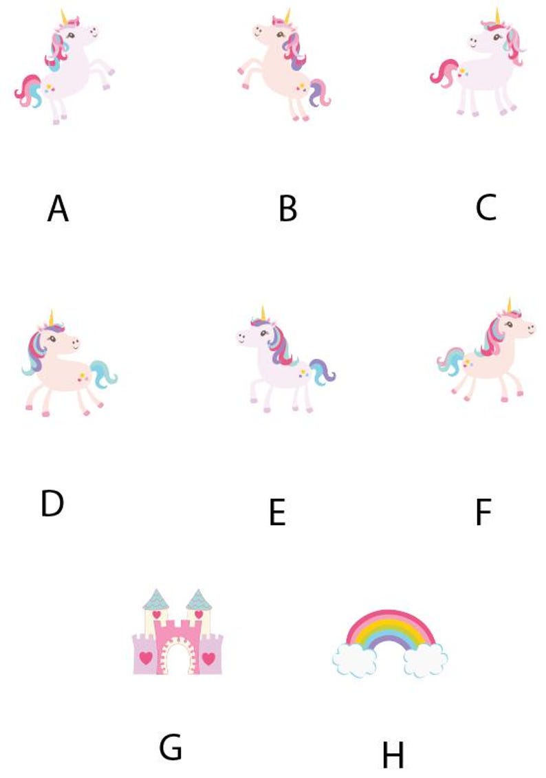 May include: A selection of unicorn illustrations in different poses, featuring colourful manes and tails. The image also includes a pink castle with heart details and a rainbow with fluffy clouds, all on a white background.