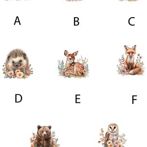 May include: Watercolour illustrations of woodland creatures: a hamster, rabbit, squirrel, hedgehog, deer, fox, bear, and owl. Each animal is surrounded by flowers and foliage, with letters A to H below each image.