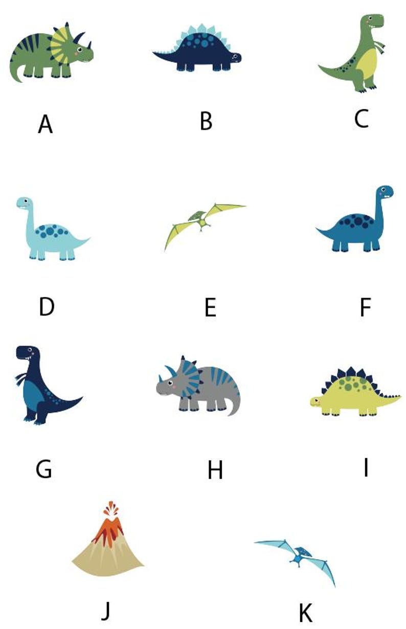 以下が含まれることがあります： 緑のトリケラトプス、青いステゴサウルス、緑のティラノサウルス、青いブラキオサウルス、緑のプテラノドン、青いブラキオサウルス、青いティラノサウルス、灰色のトリケラトプス、緑のステゴサウルス、茶色の火山、青いプテラノドンを含む、11種類のカラフルな恐竜のイラストのセットです。