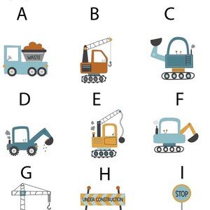 May include: A set of alphabet letters A through L, each letter representing a different construction vehicle or construction-related object. The vehicles are illustrated in a cartoon style with blue, yellow, and orange colours. The objects include a stop sign and an under construction sign.