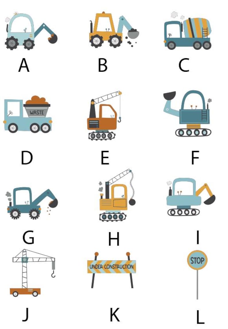 May include: A set of alphabet letters A through L, each letter representing a different construction vehicle or construction-related object. The vehicles are illustrated in a cartoon style with blue, yellow, and orange colours. The objects include a stop sign and an under construction sign.