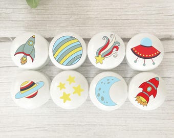 Space Rocket Drawer Knobs, Children's Room Decor, Handcrafted Beech Wood Furniture Handles
