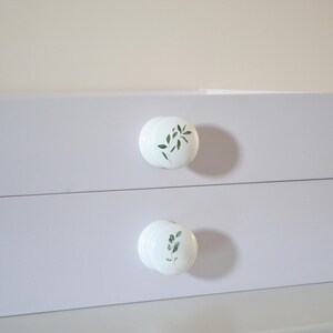 Two white solid beech furniture knobs each with a different leaf design in different shades of green.  The knobs are shown on a chest of drawers with succulent plants in the background for decoration. The cabinet handles have a glossy finish.