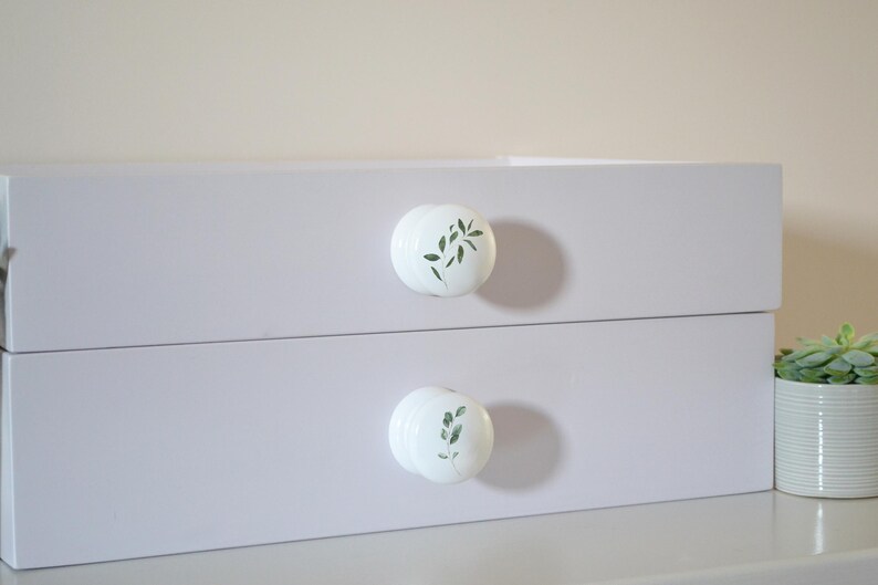 Two white solid beech furniture knobs each with a different leaf design in different shades of green.  The knobs are shown on a chest of drawers with succulent plants in the background for decoration. The cabinet handles have a glossy finish.
