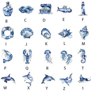 27 nautical themed illustrations with a nautical theme. The designs are an anchor, ships bottle, rope, treasure chest, submarine, lighthouse, sailboat, lighthouse, lifebuoy, shell, shell, shell, shell, seaweed, crab, shrimp, lobster, jellyfish, 2 jellyfish, seahorse, sealion, turtle, stingray, shark, dolphin, shark and a stingray. All the designs are in a blue colour and have a design code from A -Z and a 1. These are the codes for ordering.