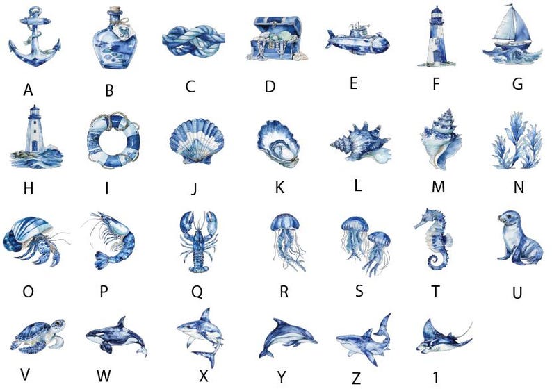 27 nautical themed illustrations with a nautical theme. The designs are an anchor, ships bottle, rope, treasure chest, submarine, lighthouse, sailboat, lighthouse, lifebuoy, shell, shell, shell, shell, seaweed, crab, shrimp, lobster, jellyfish, 2 jellyfish, seahorse, sealion, turtle, stingray, shark, dolphin, shark and a stingray. All the designs are in a blue colour and have a design code from A -Z and a 1. These are the codes for ordering.