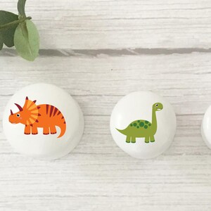 Three white solid Beech furniture knobs with colourful dinosaur designs. The dinosaurs include an orange Triceratops, a brown T Rex and a green Brachiosaurus. The drawer handles are shown in three sizes from largest to smallest and have a smooth glossy finish.