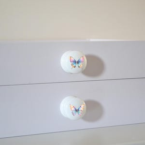 Two white round solid beech furniture knobs with rainbow butterfly designs. The cabinet knobs have a glossy finish and are shown on a chest of drawers with succulent plants for decoration.
