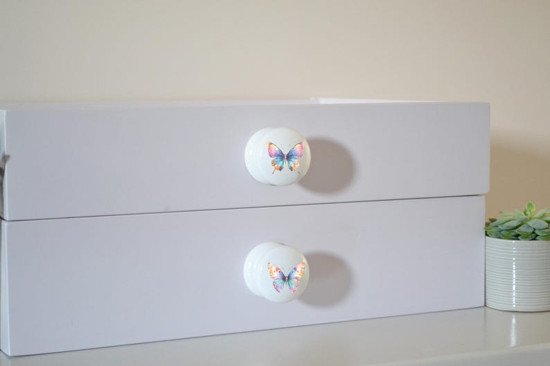 Two white round solid beech furniture knobs with rainbow butterfly designs. The cabinet knobs have a glossy finish and are shown on a chest of drawers with succulent plants for decoration.