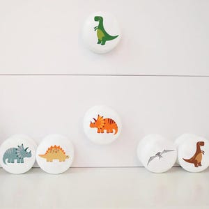 White cabinet knobs featuring dinosaur illustrations in various colours. Designs include a green T-Rex, orange Triceratops, and other prehistoric creatures. Ideal for a child's bedroom or nursery.