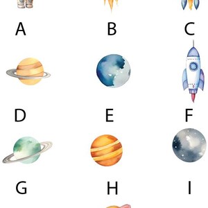 Op de afbeelding: Een aquarel-illustratie van een astronaut, raketten en planeten. De astronaut draagt een wit ruimtepak met een blauwe helm. De raketten zijn rood, wit en blauw. De planeten zijn geel, blauw, groen en grijs.