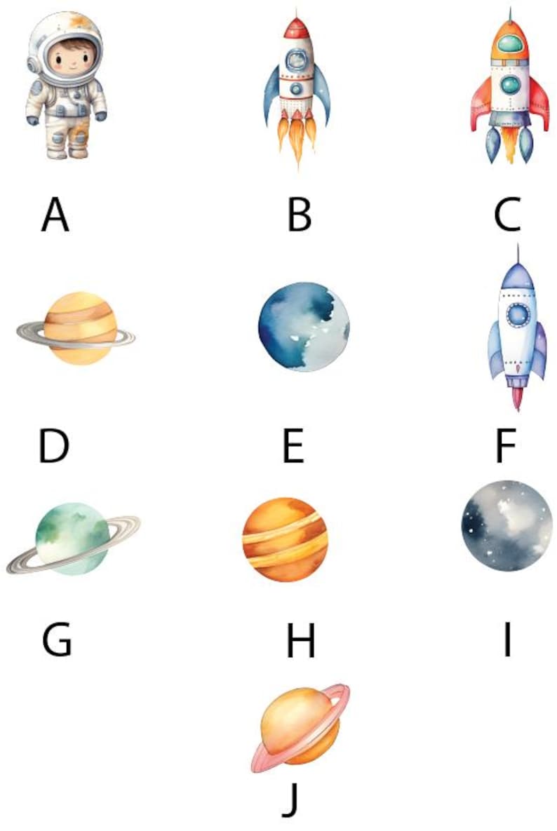 Op de afbeelding: Een aquarel-illustratie van een astronaut, raketten en planeten. De astronaut draagt een wit ruimtepak met een blauwe helm. De raketten zijn rood, wit en blauw. De planeten zijn geel, blauw, groen en grijs.