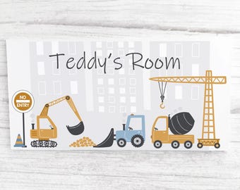 Personalised Construction Vehicle Door Sign, Kids Name Sign, Boy's Name Plaque