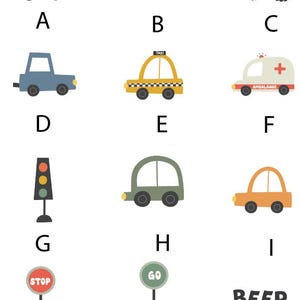 May include: A selection of cartoon vehicles and road signs in bright colours. Includes a police car, fire engine, tractor, taxi, ambulance, traffic light, and various cars. Also features stop and go signs, and the text "BEEP BEEP".