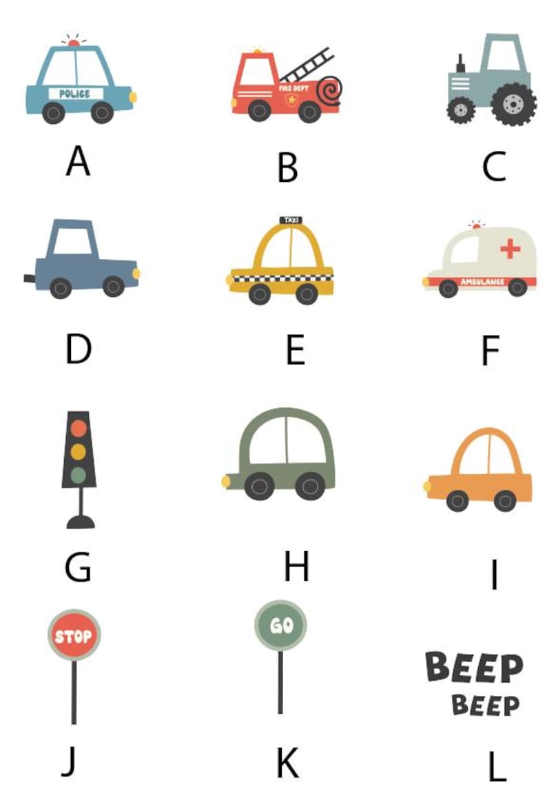 May include: A selection of cartoon vehicles and road signs in bright colours. Includes a police car, fire engine, tractor, taxi, ambulance, traffic light, and various cars. Also features stop and go signs, and the text "BEEP BEEP".