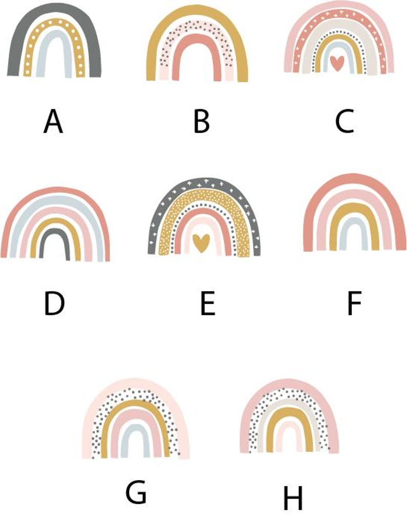 Peut inclure: Ensemble de huit illustrations d'arc-en-ciel dans diff&eacute;rentes couleurs et motifs, notamment rose, bleu, jaune, gris et blanc. Chaque arc-en-ciel a un design diff&eacute;rent, comme des pois, des &eacute;toiles et des c&oelig;urs.