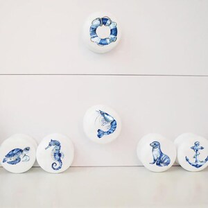 Seven white round solid beech furniture knobs each with a different nautical themed design. The designs include a lifebuoy, shrimp, turtle, seahorse, sealion, anchor and lobster. The cabinet handles have a glossy finish and are shown on a chest of drawers with succulent plants for decoration.