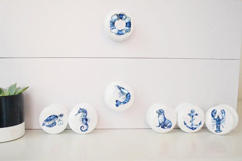Seven white round solid beech furniture knobs each with a different nautical themed design. The designs include a lifebuoy, shrimp, turtle, seahorse, sealion, anchor and lobster. The cabinet handles have a glossy finish and are shown on a chest of drawers with succulent plants for decoration.