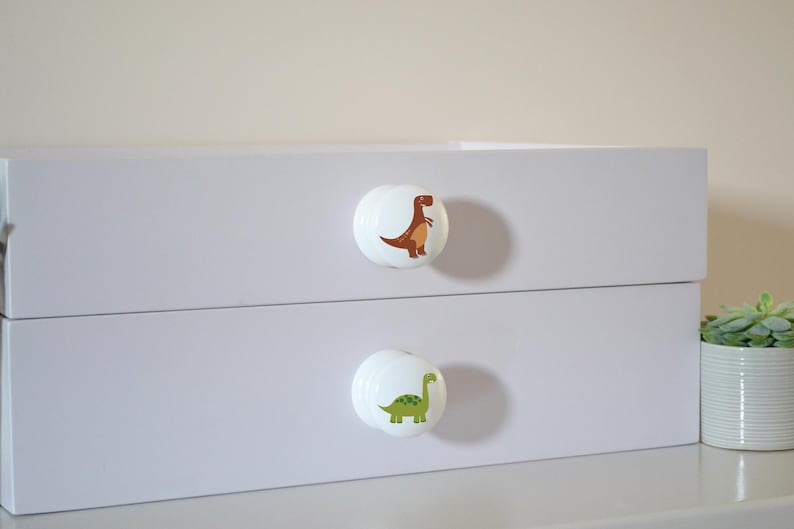 Two white solid Beech furniture knobs with colourful dinosaur designs. The dinosaurs include a brown T Rex and a green Brachiosaurus. The drawer handles have a smooth glossy finish and are shown on a white chest of drawers.