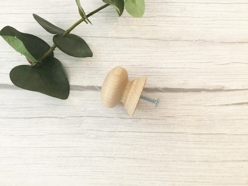 May include: A light wood knob with a silver screw. The knob is round and has a slightly raised centre. It is a simple and elegant design.