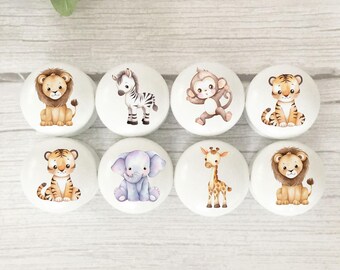 Safari Animals Drawer Knobs, Nursery Decor, Solid Beech Jungle Themed Furniture Handles